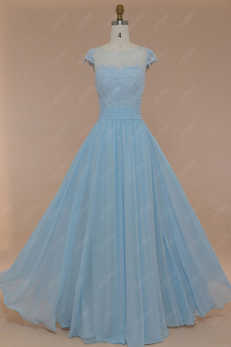 Ice blue lace modest prom dresses long ...